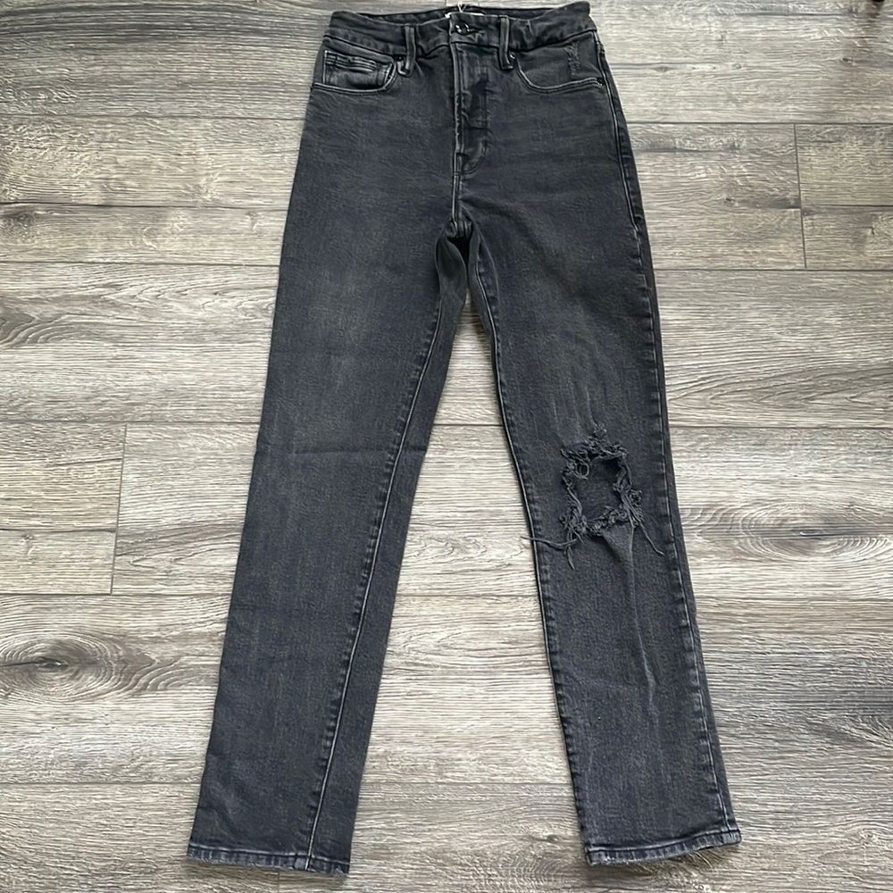 Good American | Classic Ripped High Waist Straight Leg Jeans Black Size 0 25